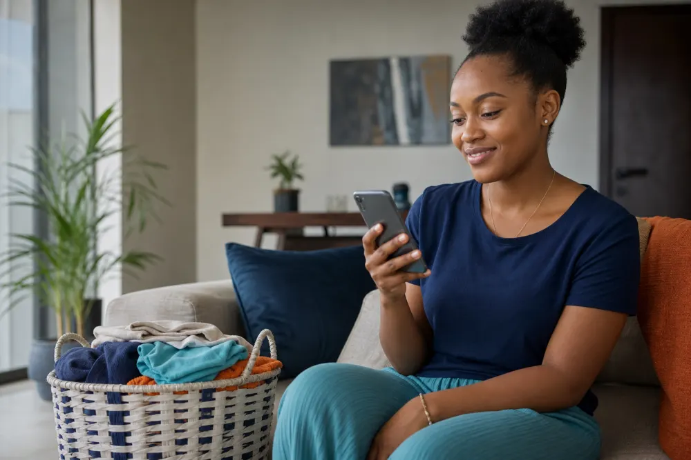 A Tuwasha customer booking a laundry pickup on her phone next to her laundry basket