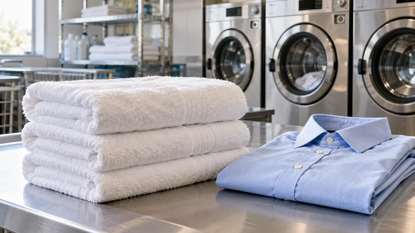 Fresh folded towels and a clean blue shirt in a laundry facility