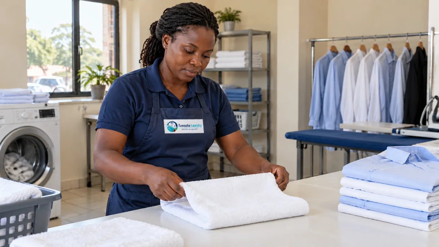 Illustrative laundry professional folding a clean white towel