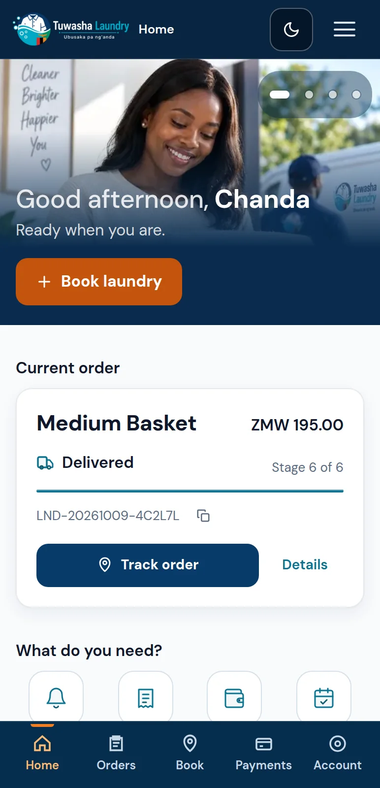 Tuwasha customer app showing a current order and its stage