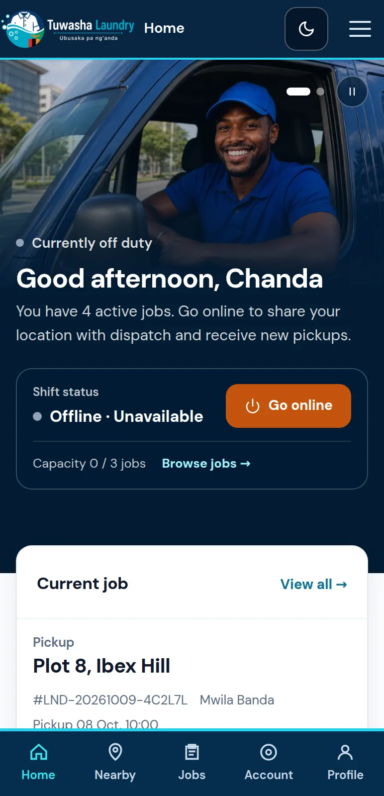 Driver App home screen showing shift status and a sample job