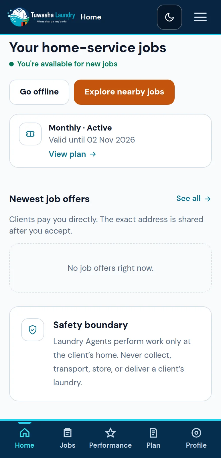 Laundry Partner App home screen showing availability and job offers